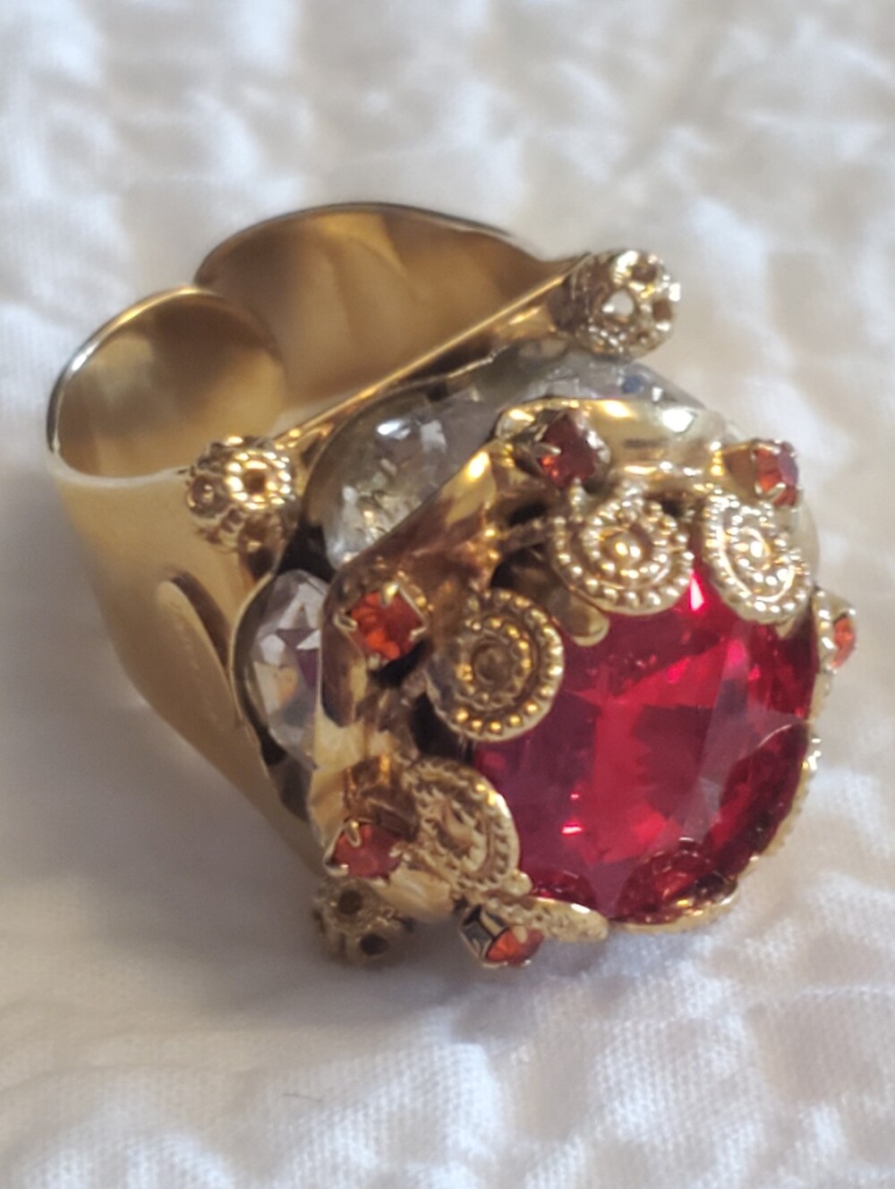 Vintage Bold Statement Cocktail Gold-Tone Ring with Red Center Gem - Adjustable
